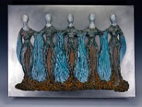 Five Muses  The five conjoined terra cotta figures of this wall hanging are mounted on a brushed steel backing. 25 x 18 inches   $1950.00